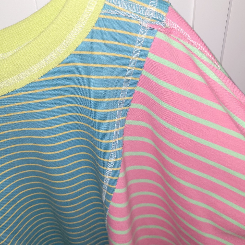 BiBi Striped Patchwork Pullover Sweatshirt Neon Green Pink Teal Oversized Small - Picture 4 of 8